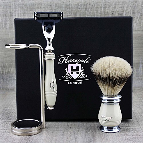Haryali London 3 Edge Shaving Razor With Pure Silver Tip Badger Hair Brush, Stand and Alum Pencil Perfect Shaving Kit For Mens