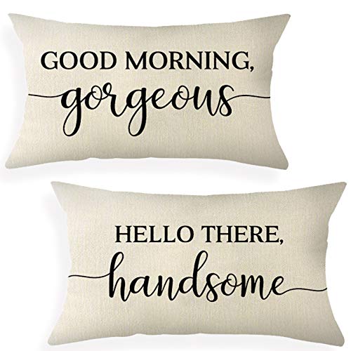 Set of 2 Lumbar Pillow Covers 12 x 20 Inch with Good Morning Gorgeous Hello There Handsome Quote Farmhouse Pillow Covers Housewarming Gifts Farmhouse décor for The Home
