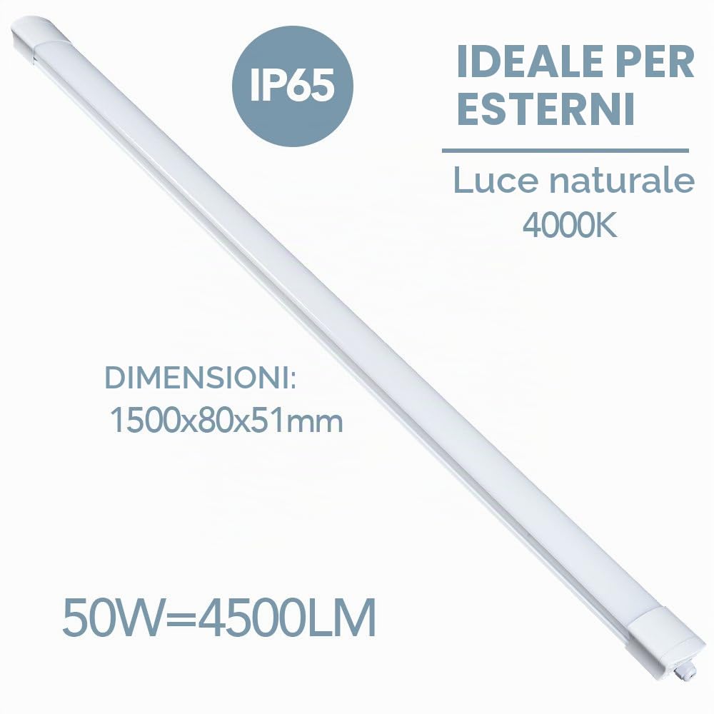 Electraline 65062 Barra luminosa LED da esterno, plafoniera da giardino 50W 4500 Lumen luce naturale impermeabile IP65 lunga 150 cm - Tubo led per giardino, loggia, esterno, muro esterno