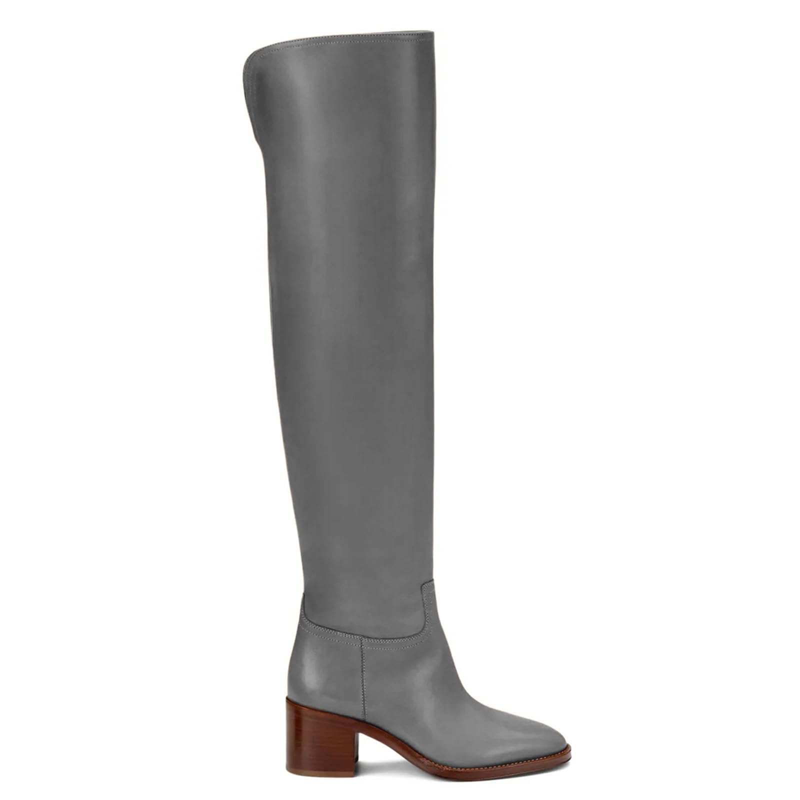 Womens Knee - High Boots Classic Almond Toe Block Heel Design Smooth Leather Finish Versatile Style for Casual
