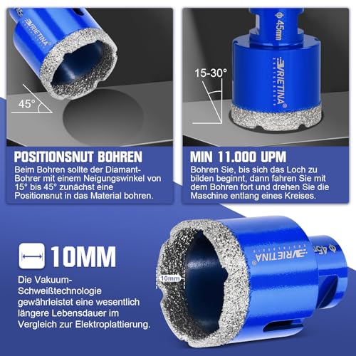 4tlg Diamant Fliesenbohrer Set 25|35|50|68 mm M14 Diamantbohrer Glasbohrer Nass Trocken Fliesenbohrkrone für Winkelschleifer, Diamant Bohrkrone Lochsäge von Fliesen Marmor Granit, mit HEX Adapter