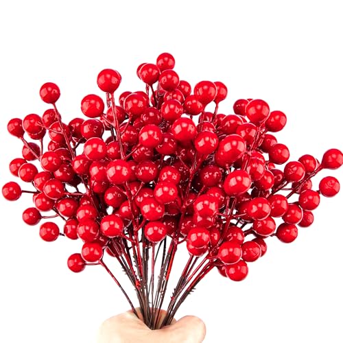 24 Pcs Christmas Tree Decorations,Red Christmas Ornaments Set Artificial Berry Stems Branches,8.1 Inch Faux Holly Berries for DIY Garland Wreath Christmas Crafts,Winter Home Decor Christmas Picks