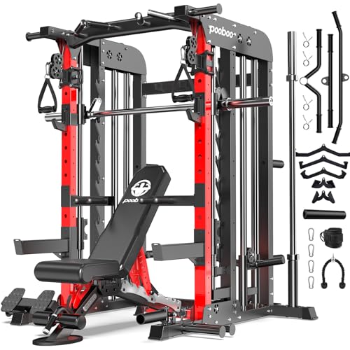 Pooboo Multi-Functional Machine Power Cage, 2000LB Squat Rack, LAT-Pull Down System, Dual Pulley Cable Crossover System, Home Gym Workout Machine with Strength Training Attachments (P43-Pro Max 1)