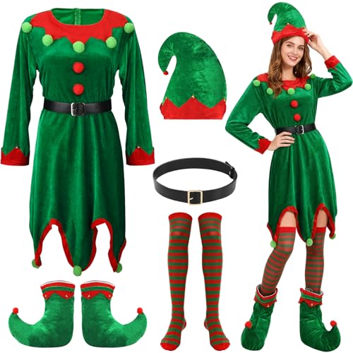 Beipegin Fantasia de Elfo mulher vestido de Natal Elfo gorro cobertura meias cinto roupa duende Natal Pai Natal Cosplay para adulto