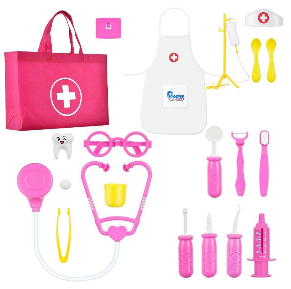 OSDUE Mala de Médicos de Brincar, 32 Peças Kit de Médico com Estetoscópio Real, Seringa, Botiquim, Bata e Gorro de Dentista e Doutora, Kit de Imitação Educativo para Crianças de 3+ Anos, Presente de