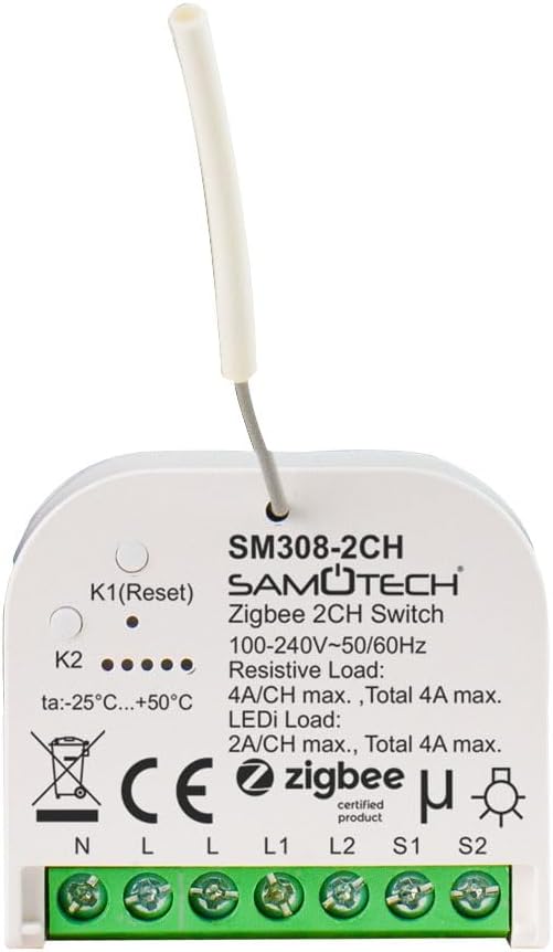 SAMOTECH 2-Channel Zigbee Switch, works with or without a neutral wire. Can be used on its own or with standard on/off light switches. Compatible with Home Assistant and other popular hubs (SM308-2CH)