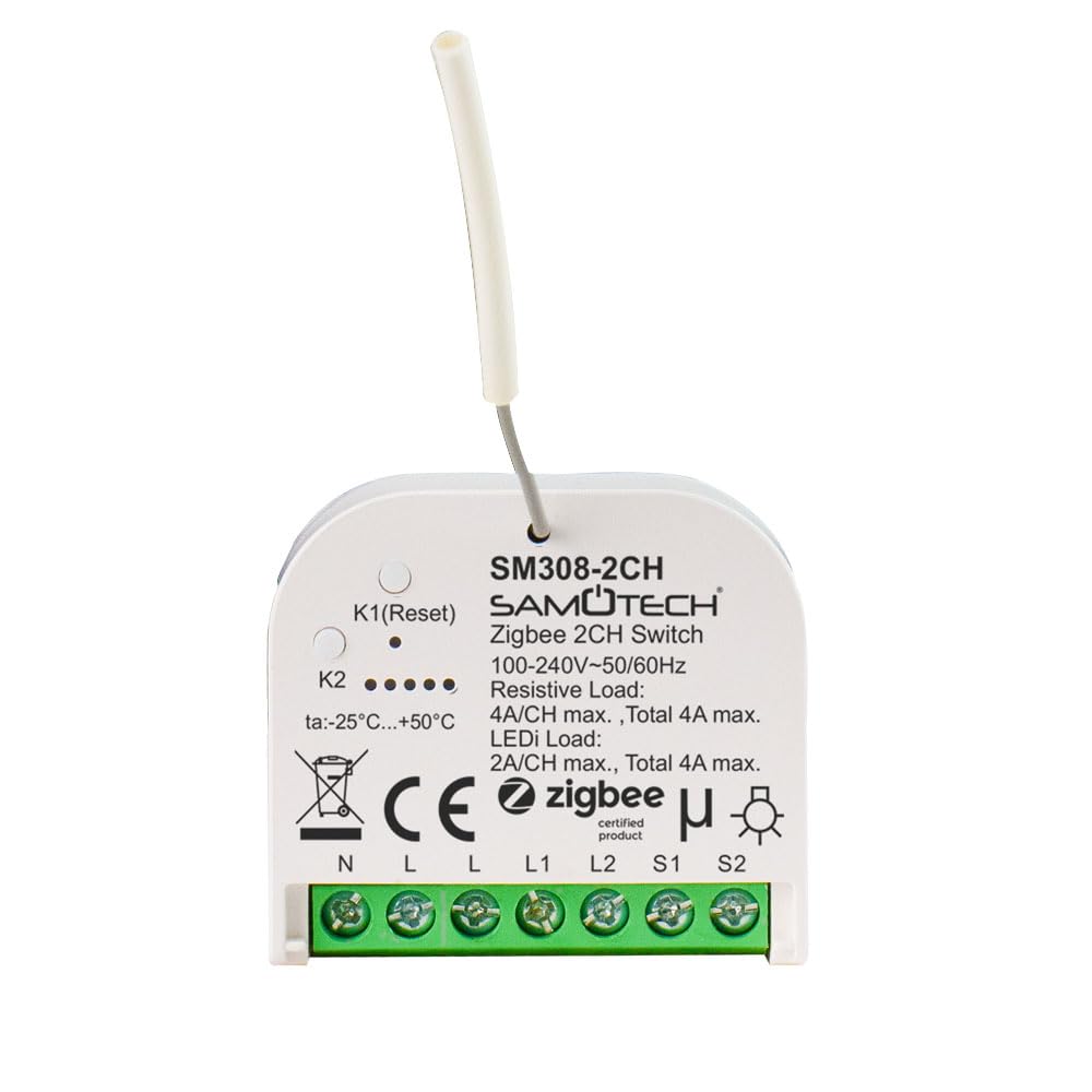 2-Channel Zigbee Switch, works with or without a neutral wire. Can be used on its own or with standard on/off light switches. Compatible with Home Assistant and other popular hubs (SM308-2CH)