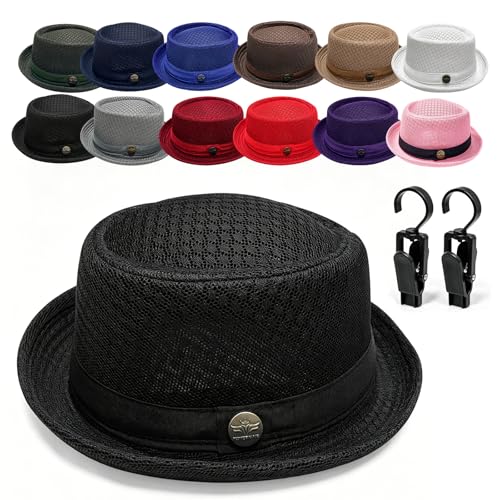 Summer Breathable Mesh Pork Pie Hat Retro Lightweight Sun Cap Classic Round Porkpie Hat for Beach Party Daily Wear (Black)