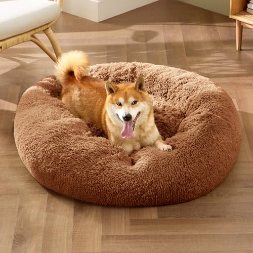 Image of Bedsure Calming Dog Bed for Medium Dogs - Donut Washable Medium Pet Bed, 30 inches Anti-Slip Round Fluffy Plush Faux Fur Cat Bed, Fits up to 45 lbs Pets, Copper | Fluffy Faux Fur Round Cuddler,Machine Washable,Anti-Slip Bottom,Anti-Anxiety,Deep Sleeping for Pets Up to 45 Lbs