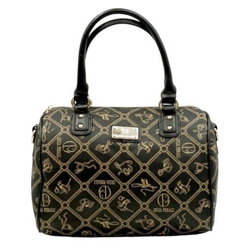 Giulia Pieralli Handtasche Damen elegant klassisch Schultertasche Henkeltasche Logo Muster schwarz gold vintage Bowling Bag Umhängetasche Kunstleder stylisch retro Designer Look