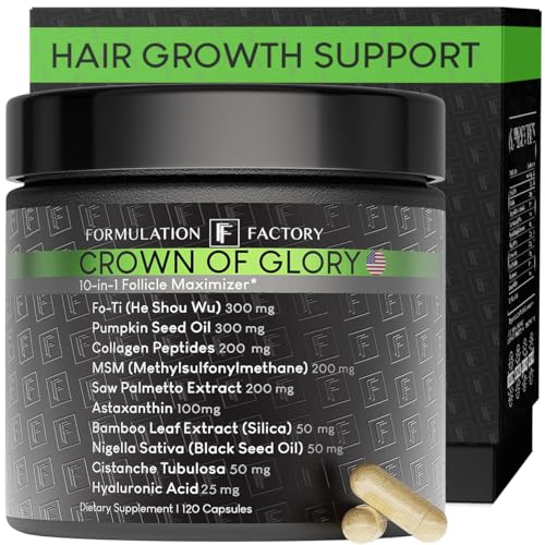 Formulation Factory Crown of Glory 10-in-1 Hair Growth Products - DHT Blocker for Men & Women with Pumpkin Seed Oil - Hair Vitamins for Faster Growth & Thickness - 120 Capsules, 2 Month Supply
