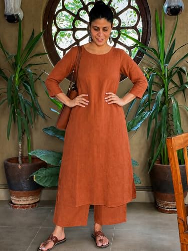 Image of ANNI Designer Co Ord Set for Women Cotton Blend Solid | Kurta Palazzo Set for Woman | Coord Set Women Stylish Outfit | Round Neck 3 /4 Sleeve Regular Fit Ethnic Dress Trendy Womens Clothing