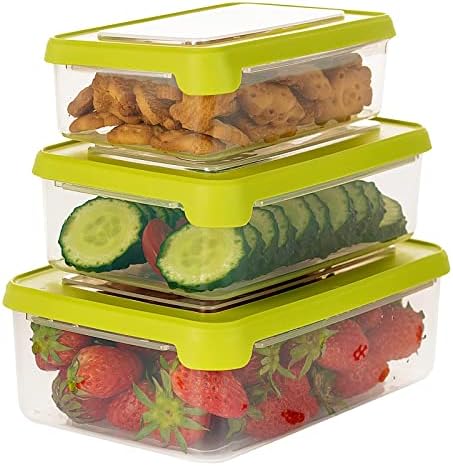 FOLIND Food Storage Container Set, Airtight Plastic Bowls with Lid (Pack of 3), Reusable - For Kitchen Pantry Organization - Lunch Box, Freezer & Microwave Safe, with Green Lid