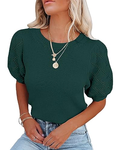 Image of Womens Short Sleeve Sweaters Crewneck Knit Pullover Tops 2025 Summer Casual Lightweight Crochet Blouse Shirt