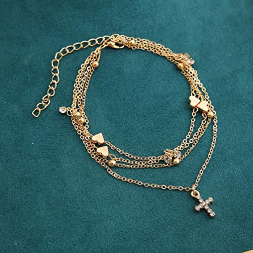 Khaki Diamond Anklet Multilayer Love Peach Heart Beach Anklet Cross Anklet For Mom Teen Girl Gold #TOP3