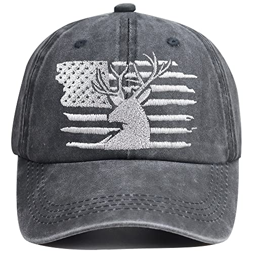 Image of HHNLB Embroidered Funny American Flag and Deer Skull Hunting Hat, Distressed Cotton Wash Baseball Cap Gifts for Men Women