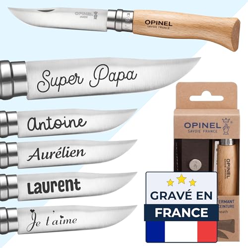 Couteau Opinel n°8 personnalisé - Coffret avec étui en cuir - Couteau pliant personnalisé homme - Gravé avec un prénom ou une date - Lame en acier...