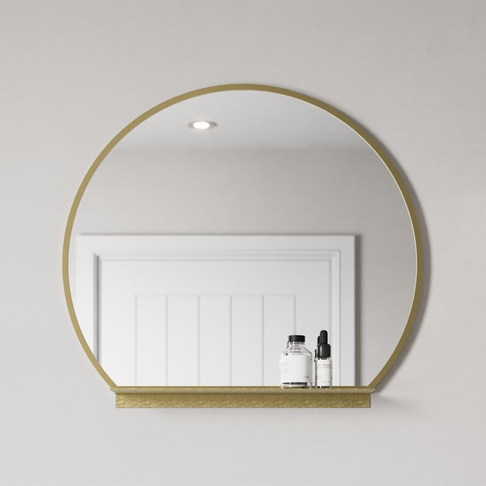 BAYSTONE 600mm Round Brushed Brass Bathroom Mirror with Shelf Framed Vanity Mirrors Wall Mounted 4mm Mirrored Glass