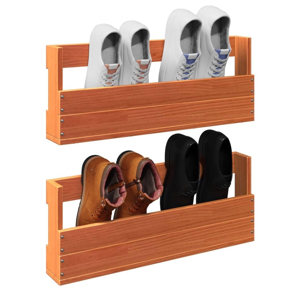 Regał ścienny na buty z litego drewna sosnowego, woskowobrązowy, 59 x 8,5 x 23,5 cm, 2 sztuki, nie zajmuje dużo miejsca, można układać w stos, z miejscem do przechowywania butów i systemem