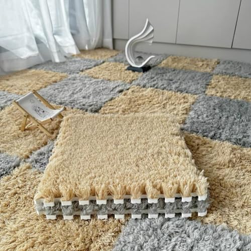 10 Pack Carpet Squares Puzzle Mat 30x30x1cm Plush Interlocking Carpet Tiles,Soft Fluffy Floor Protective Mat Shaggy Area Rug for Bedroom (Khaki Grey)