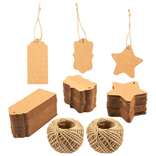 300pcs Kraft Paper Gift Tags, 3 Designs Craft Hang Tags with Free 130 Feet Natural Jute Twine for Wedding and Gift Arts