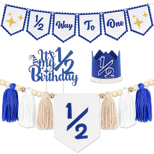 Image of 1 /2 Birthday Blue Half Birthday Decorations - Blue Star It's My 1 /2 Birth Banner, Glitter Cake Topper Tassel Wood Bead High Chair Banner & Crown, Hat Halfway to One Boy Girl Party Supplies