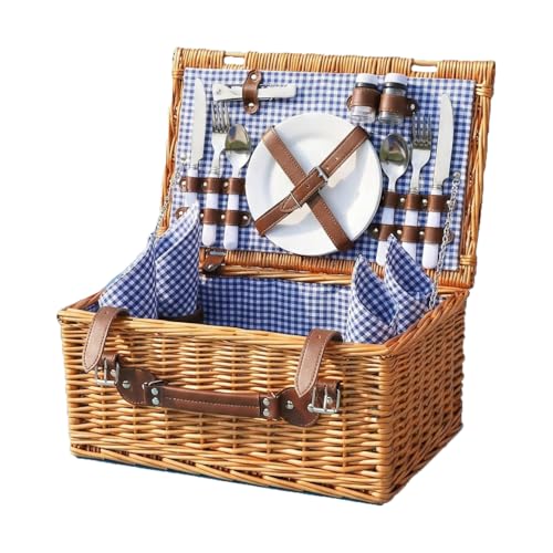 Image of Multifunctional Wicker Picnic Basket Set for 4 Blanket Family Folding Wine Table,Insulated Portable Extra Big Storage Capacity Woven Rattan Canasta De Full Tablewares Camping Outdoor Flowers Blue