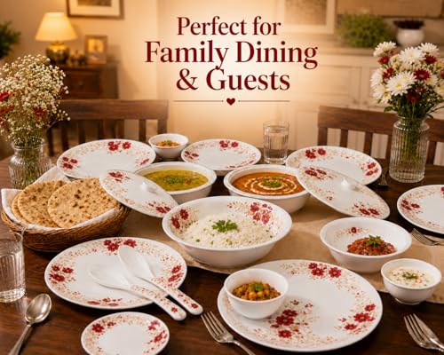 Image of Arova 32 Pieces Melamine Dinner Set for 6 Persons | Unbreakable & Lightweight Crockery Set | Serving Bowls, Spoons & Lids | Dishwasher Safe Dinnerware Set (Crimson Gold)
