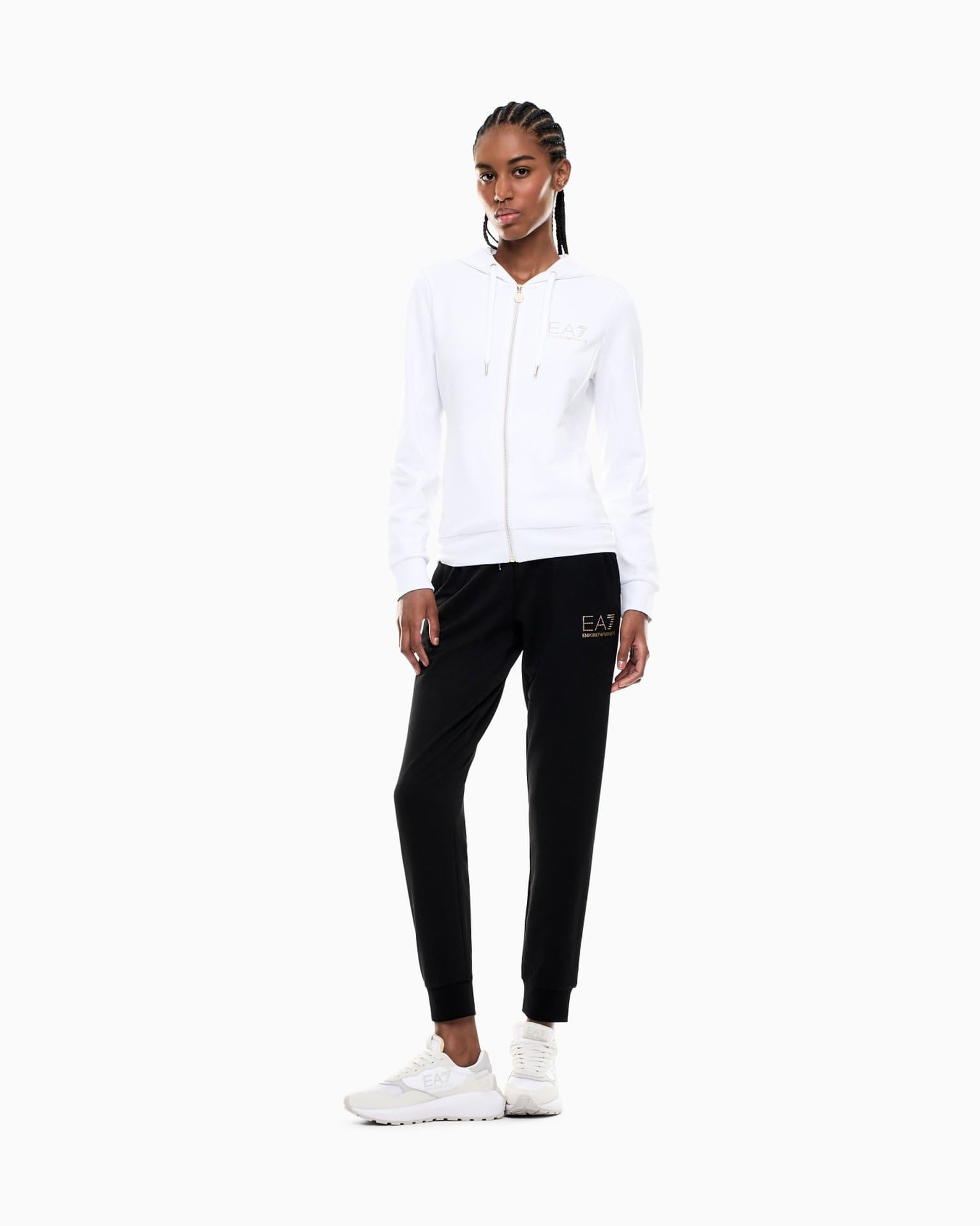 EA7 Emporio Armani Evolution damski dres treningowy z mieszanki wiskozy stretch z kapturem 8NTV51TJ9RZ 8033923766380 - L, biały, czarny, L