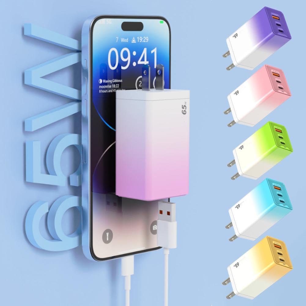 Cargador de viaje GaN de 65 W, cargador USB GaN de 3 puertos, con cable USB y 2 PD, estación de viaje de carga rápida para teléfono y portátiles (rosa)