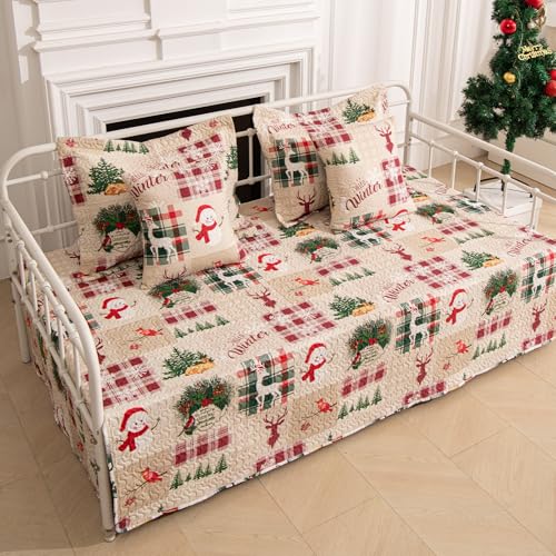 5-Piece Christmas Daybed Cover Set Twin Cozy Xmas Snowflake Reindeer Daybed Bedding Sets New Year Day Bed Comforter Bedspread, Santa Day Bed Cover with 4 Pillow Shams,39x75(Beige Red)