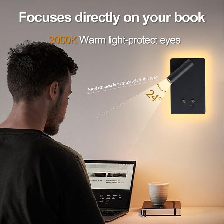 MOLUOLA LED Wall Lamp showing the 90-degree vertical and 350-degree horizontal rotation of the reading light