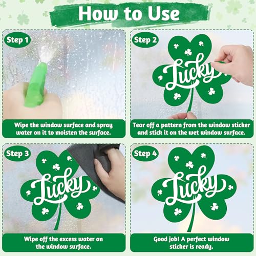 Image of 120 PCS St Patricks Day Decorations, 4 Sheets St Patricks Day Window Clings with Polka Dots Stripes Plaid Patterns, Double-Sided Green Party Decorations, Shamrock Window Clings for Home Decor