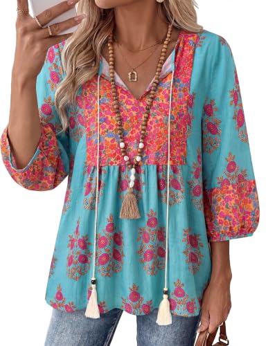 Image of Vivilli Womens Summer Boho Babydoll Tops 3 /4 Sleeve Pleated Peplum Blouses Casual V Neck Tie Front 2026 Tunic Tops