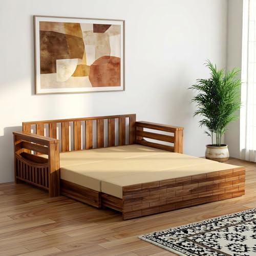 Image of Amazon Brand - Solimo Sheesham Wood Italian 3 Seater Sofa Cum Bed with Drawer and Side Pocket Storage | Wooden Bed with Cushion | Multipurpose Sofa Furniture for Home & Living Room (Natural Finish)