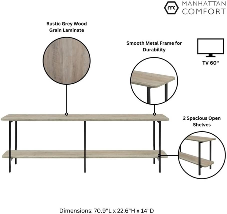 Pemberly Row Contemporary Side Table Console, 70.87 x 22.64 x 13.98 in, Engineered Wood Top, Gray/Black Finish, Two-Tier Design, Carbon Steel Legs, Living Room or Entryway Display and Storage