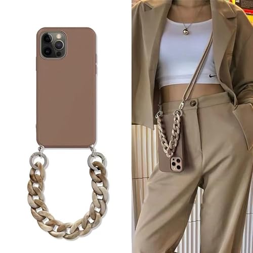 FASHION YO Étui à bandoulière avec lanière pour iPhone 15Promax, Coque de Protection en Silicone Liquide avec Sangle réglable, Cordon de Cou, Collier, Couverture Souple (lanière Marron 15Promax)