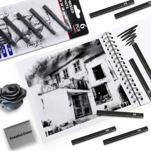 XQIGI Graphitstäbchen, quadratisch, 6 Stück, geknetete Gummi-Radiergummis, große Größe, 2 Stück, schwarze komprimierte Graphitkohle-Prencil-Set zum Zeichnen, Skizzieren, Schattieren, Mischen, Anfänger