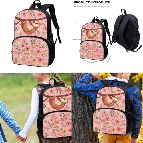 COEQINE Sloth Backpack And Lunch Box For Girls Pink Little Floral School Bag For Girl With Lunch Box And Pencil Case for Toddler Kids Fashion Bookbag With Shoulder Strap Rucksack for Teen Girls 3 Pcs2