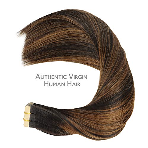 Image of WENNALIFE Tape in Hair Extensions Human Hair, 20pcs 50g 16 inch Natural Black Mixed Chestnut Brown Remy Hair Extensions Straight Human Hair Tape in Extensions Skin Weft Tape Extensions Human Hair