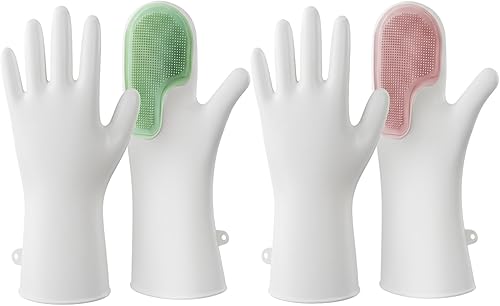 Guantes de goma para lavavajillas, 2 pares de guantes de cocina reutilizables con limpiador integrado y agarre antideslizante, rosa y verde