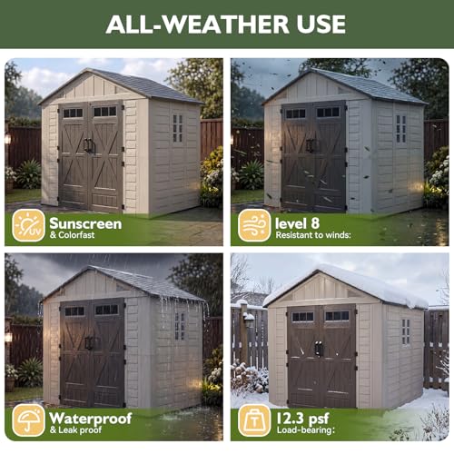 Image of Aoxun 8x8 Ft Outdoor Storage Shed with Floor, Large Resin Outdoor Shed with Lockable Door & Windows, Garden HDPE Sheds for Lawn Tools, Pool Supplies & Bikes