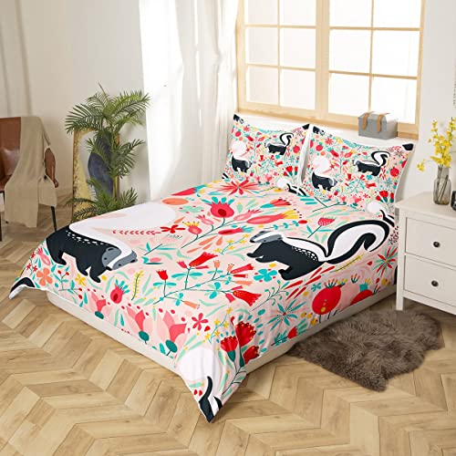 Cartoon Skunks Comforter Cover Full For Kids Boys Girls Youth,Cute Skunk Animals Bedding Set Rustic Botanical Garden Flowers Duvet Cover Colorful Blooms Florals Plants Bedspread Cover,Breathable #TOP1