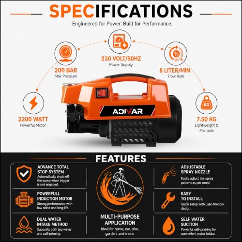 Adivar AD-200 2200W 200 Bar 8L Pressure Washer - Image 3
