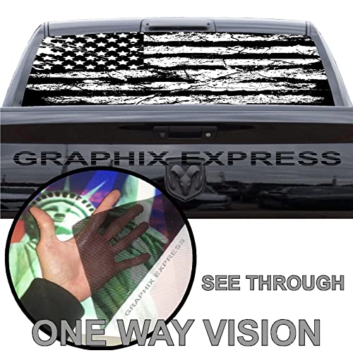 Graphix Express Truck Back Window Graphics - Black And White American Flag Decal (P531 - Patriotic Usa Flag - Universal See Through Rear Window Vinyl Wrap - Full Window Decals For Trucks #TOP3