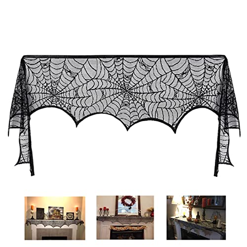Comtraker Halloween Fireplace Mantle Decorations, Black Lace Spiderweb Fireplace Mantel Scarf Cover...
