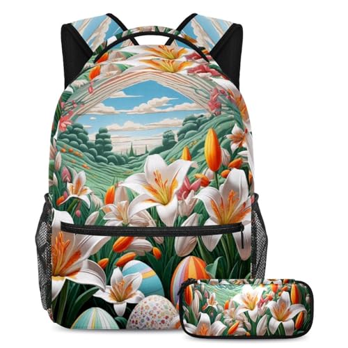 Cartable ensemble 3 pièces pour école avec sac à dos et trousse œufs de Pâques