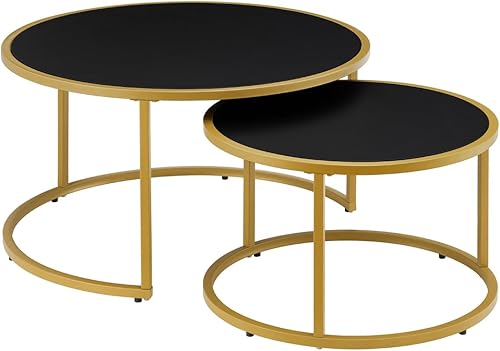 Miniatura 9 de 24KF Moderna mesa de centro redonda de piel sintética con base de metal negro, mesa de té decorativa para sala de estar, juego de 2, color marrón