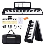 ADM 電子ピアノ 61鍵 折りたたみ式 ダブルフォールド 電子キーボード 日本語表示 多電源対応 内蔵音色128 リズム128種 ブルートゥース機能 サステインペダル付 専用厚手収納ケース 譜面台付属 軽量 コンパクト 初心者 子供向け 日本語説明書付き (ブラック)