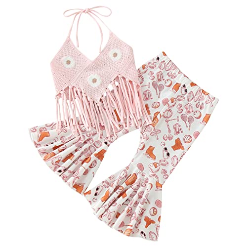 Camiseta infantil para meninas sem mangas com borlas florais colete sino calças roupas infantis top